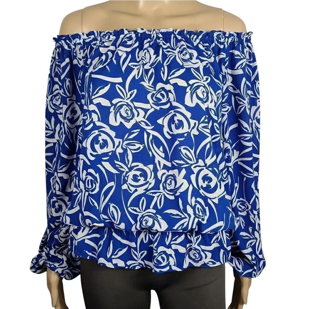 Chaus Cold Shoulder Blue Floral Blouse